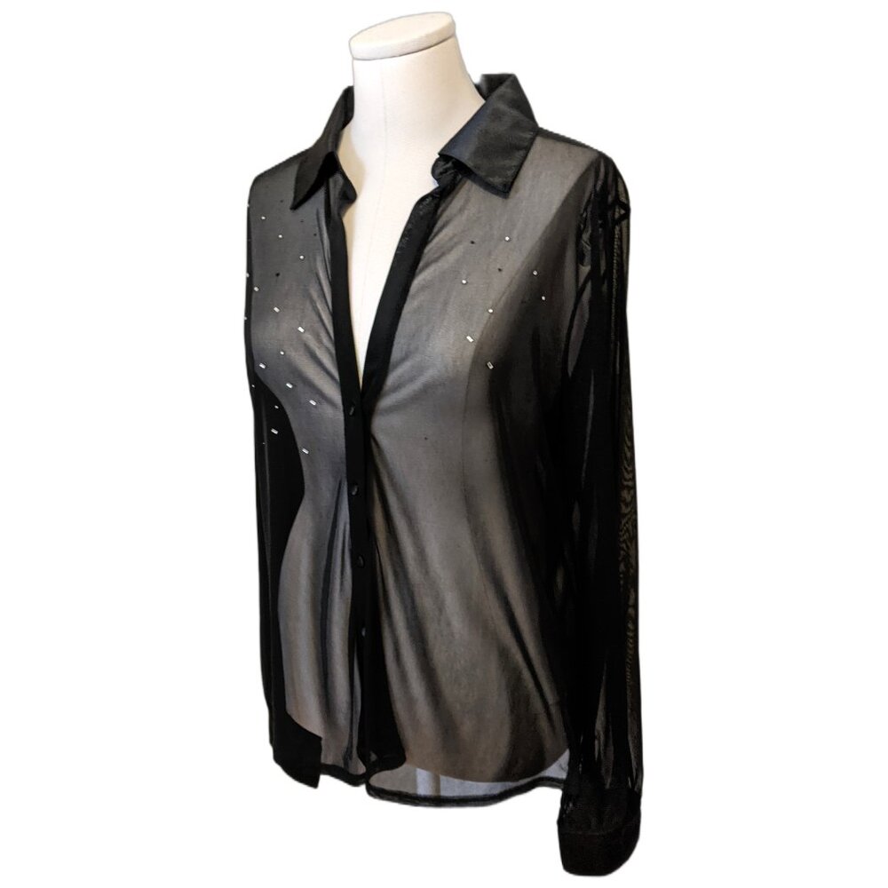 The Limited Black Mesh Beaded Blouse Sheer Button Up Gothic Whimsygoth XL - Picture 2 of 12